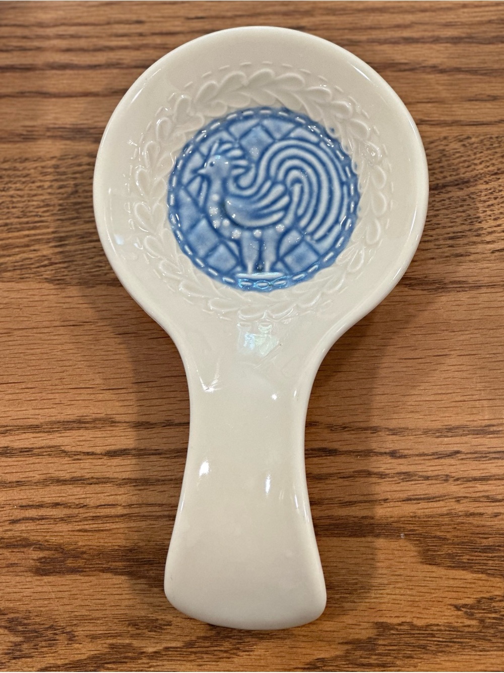 Longaberger White Ceramic Spoon Rest with Blue Rooster Motif